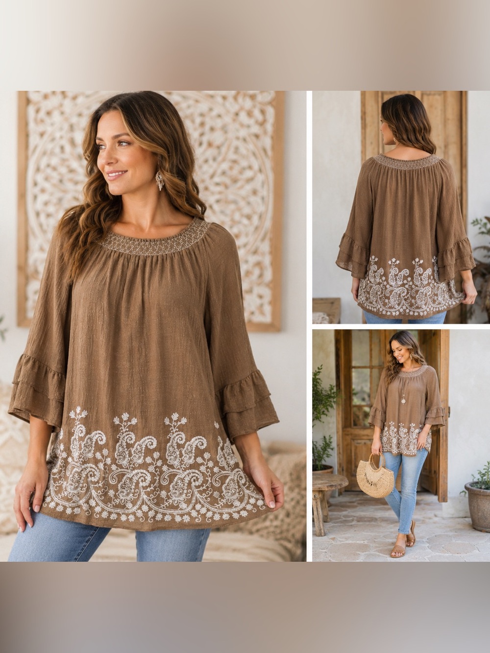 Angel Heart Boutique Beige Embroidered Peasant Tunic Top, Boho Classy Resort